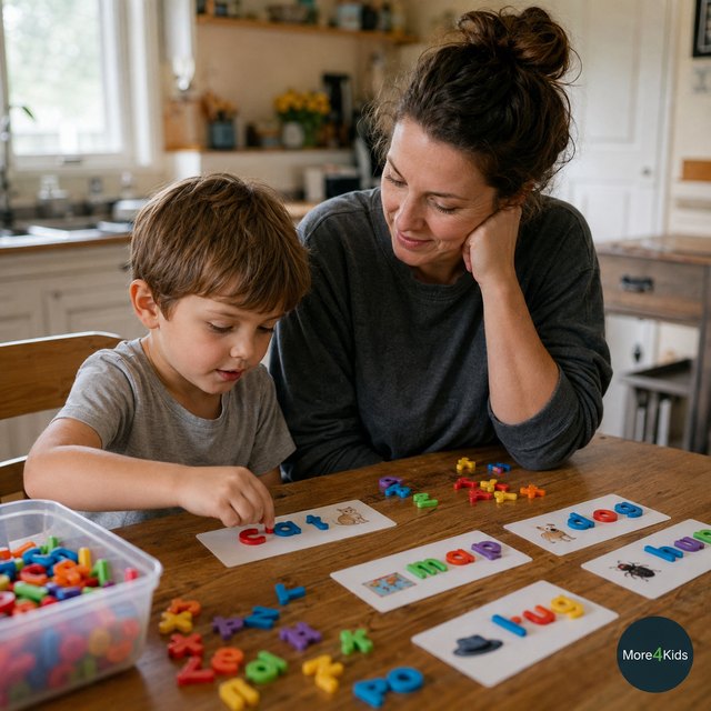 Homeschool Reading in 9 Steps: The Program That Actually Works 16 A parent and young child building simple words with magnetic letters at a kitchen table