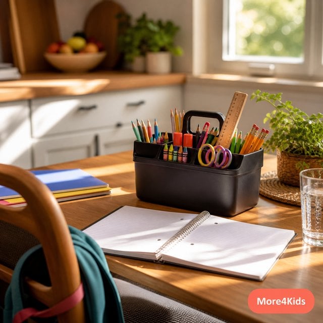 STEM Gifts That Aren't Secretly Homework 20 A tidy homework caddy full of pencils and supplies on a kitchen table set up as a study spot