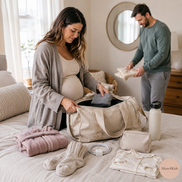 Expectant parent calmly packing unbranded comfort items into a hospital overnight bag