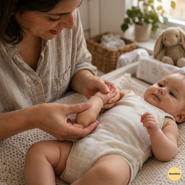 20 Tips for Bonding with Your Baby 16 Parent gently massaging a baby arm and hand with oil during a calm bonding moment