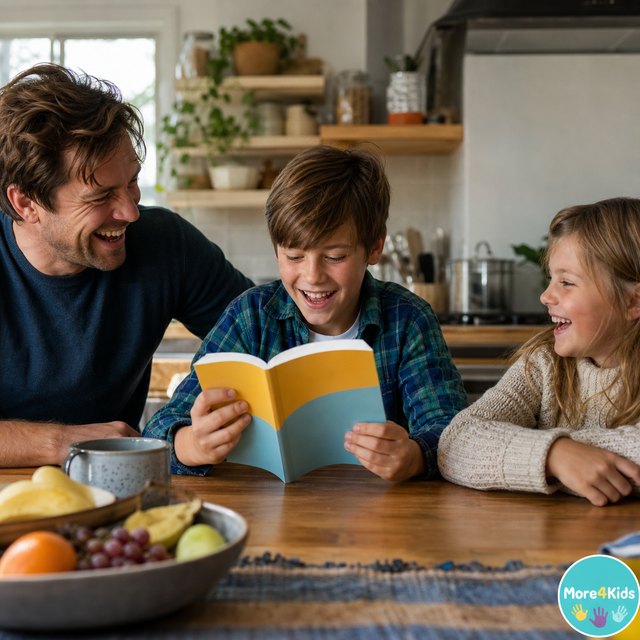 100 Knock Knock Jokes for Kids (That Actually Make Parents Laugh Too) 16 Child reading an unbranded joke book while a parent and sibling laugh