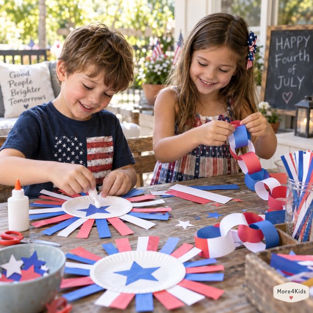 4th of July Activities for Kids: Simple, Joyful Ideas the Whole Family Will Love 16 Kids doing red, white, and blue paper crafts together at a table on the Fourth of July
