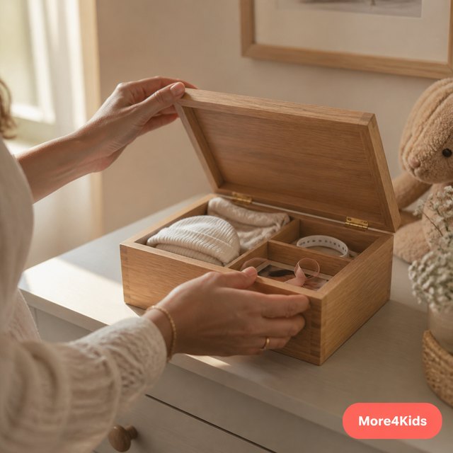 Baby Scrapbooking Ideas for Parents Who Will Never Finish a "Real" Scrapbook 18 An open wooden baby keepsake box on a nursery dresser, hospital bracelet and a folded newborn hat resting in its compartments