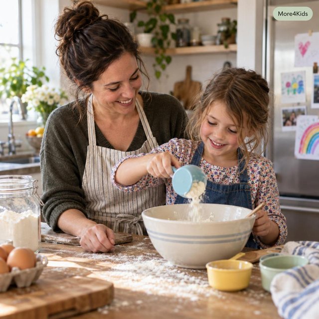 Experience Gifts for Kids: What Actually Works by Age This Christmas 16 A parent and child baking together in a kitchen, the child using real kid-sized measuring cups and a mixing bowl