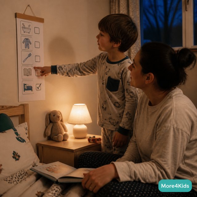 School Night Bedtime Routine: 8 Steps to Calmer, Earlier Nights 16 A parent and child checking a simple visual bedtime routine chart in a cozy bedroom.