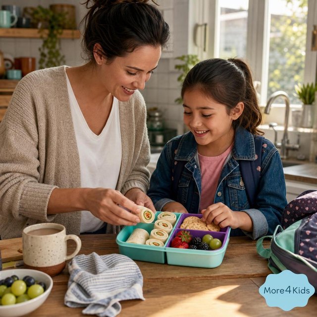 Picky Eater School Lunch: Why It Comes Home Untouched (And What Actually Helps) 16 Parent and child packing fruit, crackers, and roll-ups into a divided school lunch container at a kitchen counter