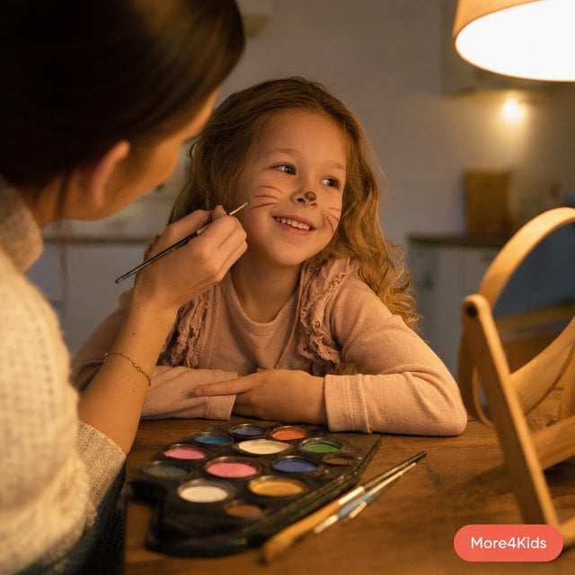 DIY Halloween Costumes From What's in the Closet 16 DIY Halloween costumes face paint palette and brushes on a table with a child getting whiskers painted on