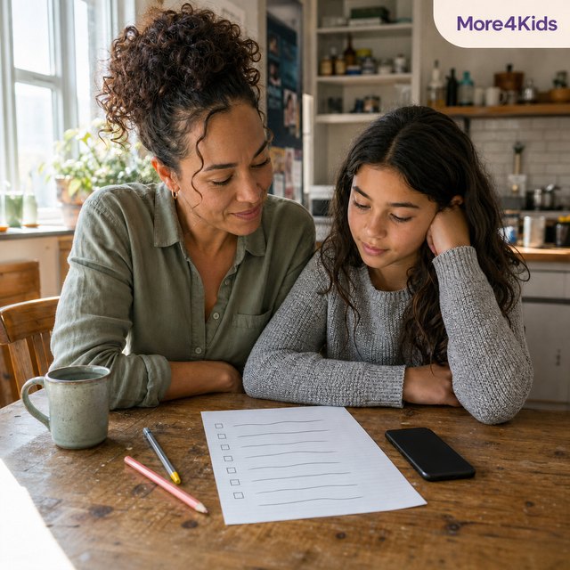 How Young Is Too Young For A Cell Phone? 17 A parent and tween reviewing first-phone rules together at a kitchen table