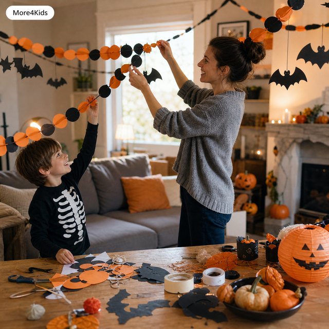 Halloween Party Decorating Ideas 17 Parent and child decorating a living room for a kid-friendly Halloween party