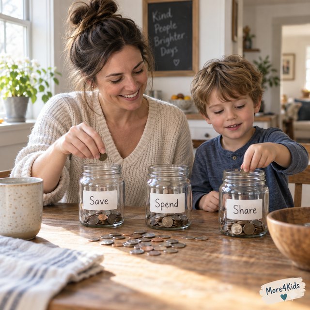 Chores and Allowance: Should Kids Get Paid for Helping? 16 A parent and young child sorting coins into labeled save spend and give jars at a kitchen table