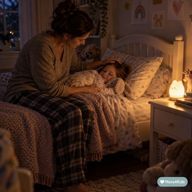 Nightmares vs. Night Terrors in Kids: How to Help Them Feel Safe 16 A parent comforting a child beside a softly glowing night light in a bedroom