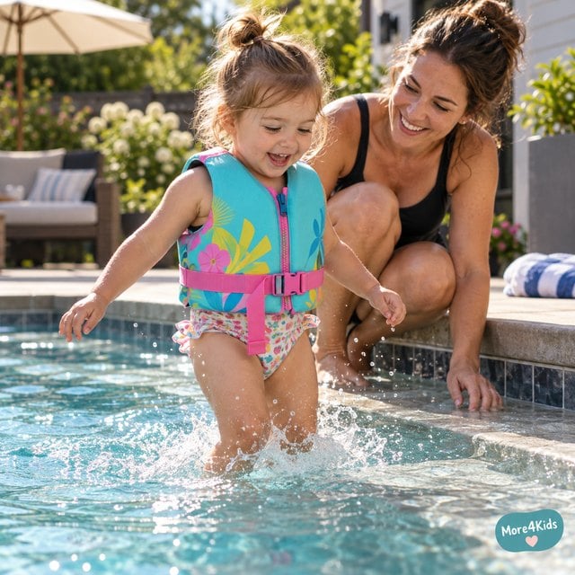 Summer Safety Tips for Kids: Simple Steps for a Happy, Worry-Free Summer 16 A child wearing a colorful swim vest playing safely at the edge of a backyard pool while a parent watches