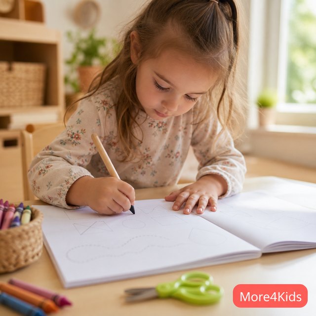 Clingy Child: 7 Ways to Help Them Feel Secure 18 A pre-kindergarten practice workbook open on a table with crayons and a child's hand tracing letters