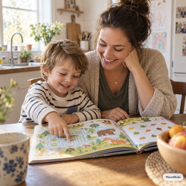 Raising a Kind Child: 7 Powerful Habits for a Me-First World 16 A parent and child reading a kindness activity book together at the kitchen table