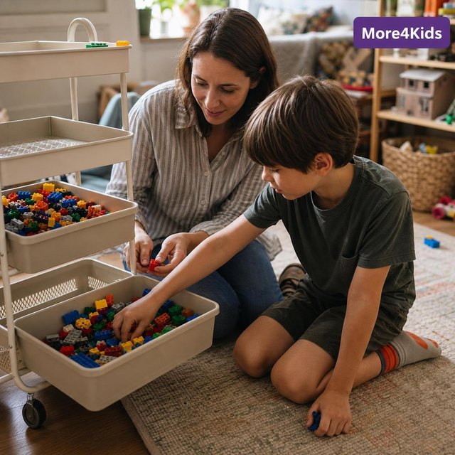 Lego Storage and Organization Ideas: Why the Rolling Cart Beat the Bins at My House 16 Parent and child sorting colorful building bricks into open bins on a rolling storage cart