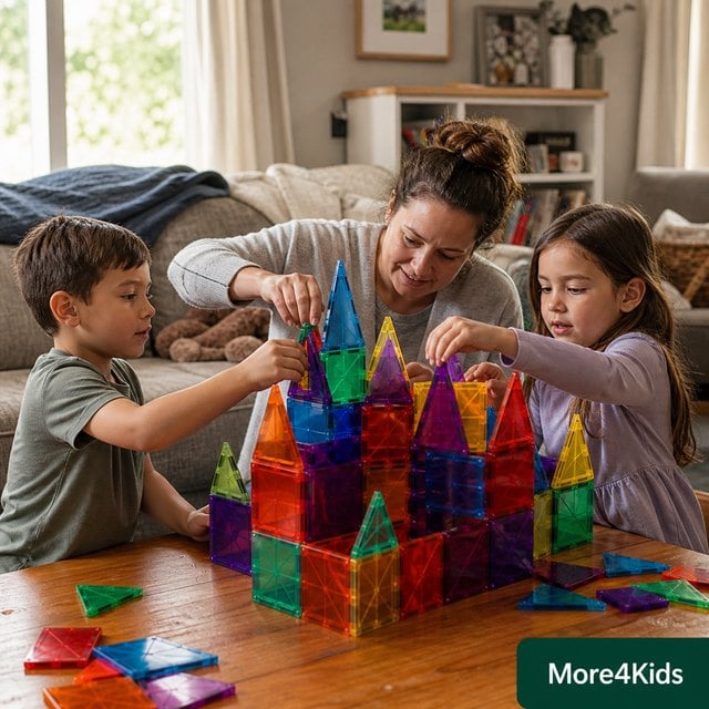 STEM Gifts That Aren't Secretly Homework 16 A parent and two children building a colorful translucent magnetic tile structure together at a living-room table