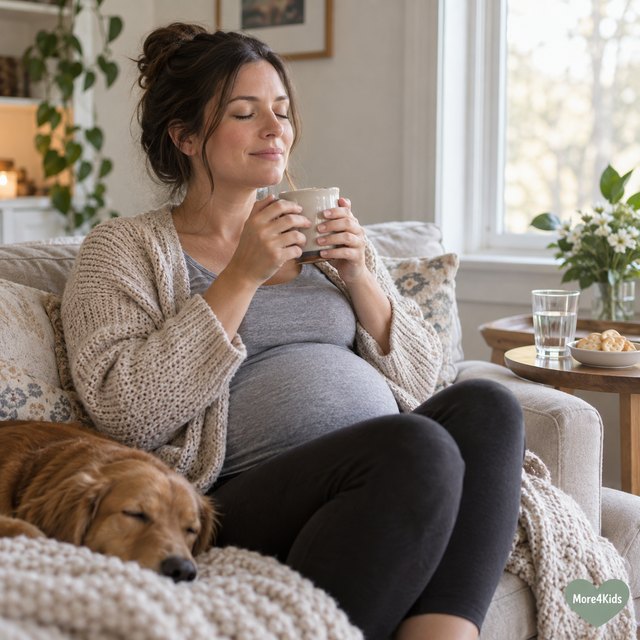 Tips To Help Ease Morning Sickness 16 Pregnant woman sipping ginger tea on the couch to ease morning sickness