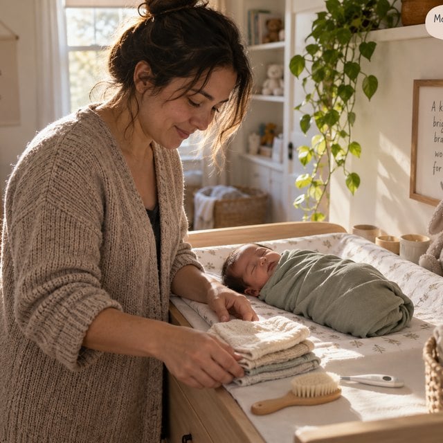 Preparing for Baby: Essentials for Your New Child 16 A parent gently organizing newborn care basics like a soft washcloth and baby brush on a changing table