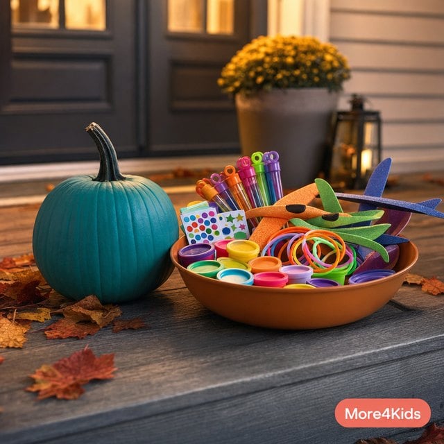 The Teal Pumpkin Project — What Allergy Friendly Halloween Looks Like at Our House 16 A teal pumpkin on a porch step beside a bowl of non-food Halloween treats including bubble wands, stickers and small toys