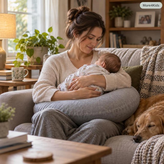 Benefits of Breastfeeding 16 Mother breastfeeding with a supportive nursing pillow on a couch at home
