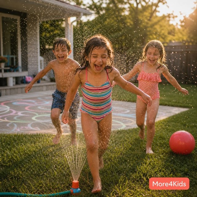 Fall Activities for Kids: 17 Cozy Outdoor and Indoor Ideas 19 Children playing with backyard games and a sprinkler on a sunny lawn