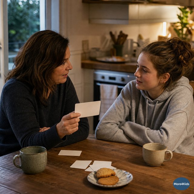 Ways to Show your Teen that you Love Them 16 Parent and teenager talking over unbranded conversation cards at a relaxed kitchen table