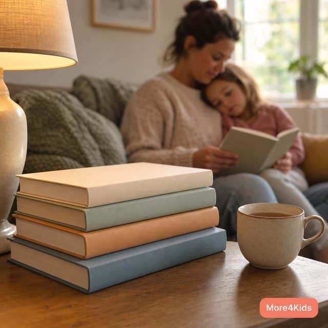 A stack of parenting books on a side table beside a warm lamp, with a parent and child reading together on the couch behind