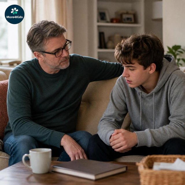 Parenting and Understanding Teenage Stress 17 Parent listening attentively to a stressed teenager beside an unbranded parenting book