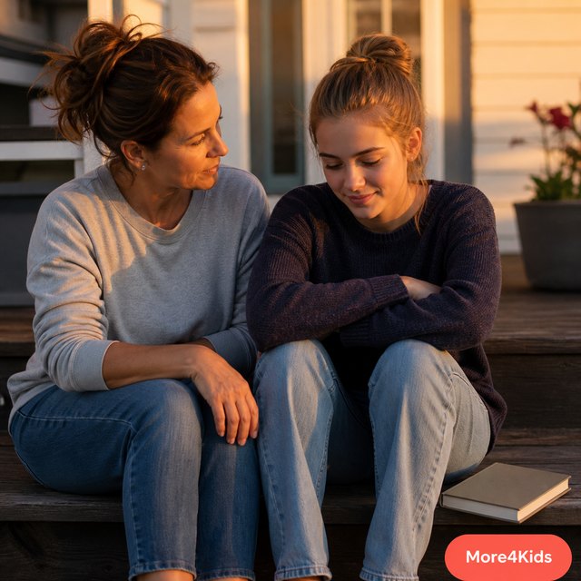 Parenting A Teenage Daughter Can Have Your Head Spinning! 17 A mother and teenage daughter talking on a porch step, a parenting book on teen girls resting beside them