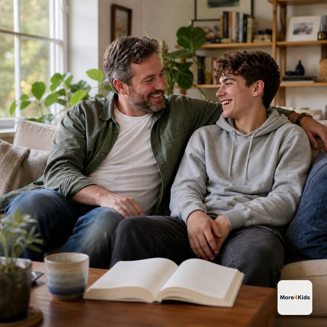 Teenage Dating: A Parent's Guide to Ages, Rules, and the Awkward First Talk 19 Parent and teenager sharing a relaxed laugh while looking through an unbranded parenting guide at home