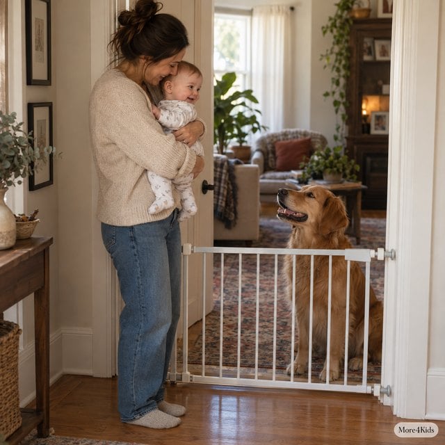 When Baby and Pet Meet 17 A pressure-mounted gate across a doorway with a dog on one side and a parent holding a baby on the other