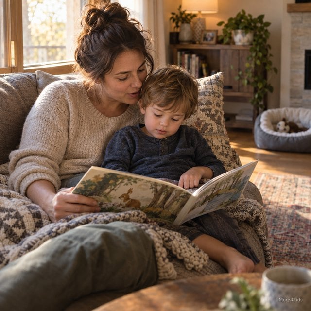Helping Kids Cope When a Pet Dies: 7 Gentle Ways to Ease Their Grief 16 A parent and child sitting together on a couch reading a picture book, a dog bed visible empty in the background, soft warm light