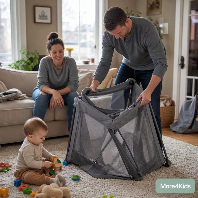Baby Playpen and Play Yard Ideas for Where It Actually Earns Its Keep 16 Parent folding a portable mesh play yard in a lived-in family room while a baby plays nearby