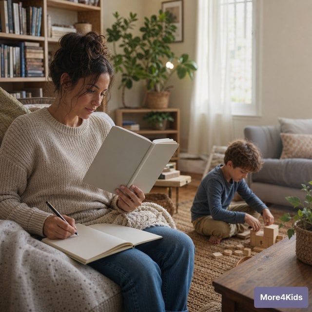 Teaching Kids Responsibility by Age: Habits That Actually Stick 20 A parent reading a parenting guide while a child plays nearby in a sunny living room