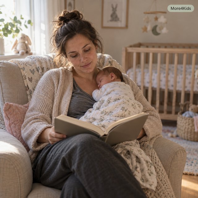 Pregnancy And Post Partum Depression 16 A tired but tender new mother sitting in a nursery chair holding a book, soft morning light, baby crib softly visible nearby