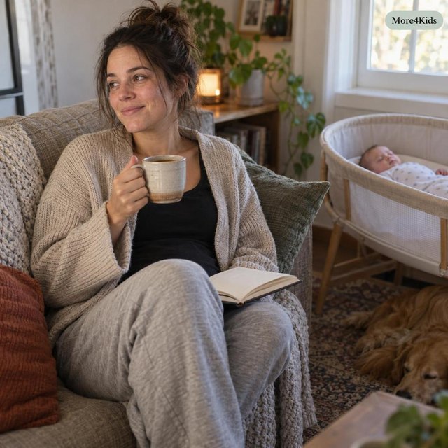 Coping with Depression Before and After Childbirth 17 A new mother sitting quietly with a journal and a cup of tea while her baby naps nearby