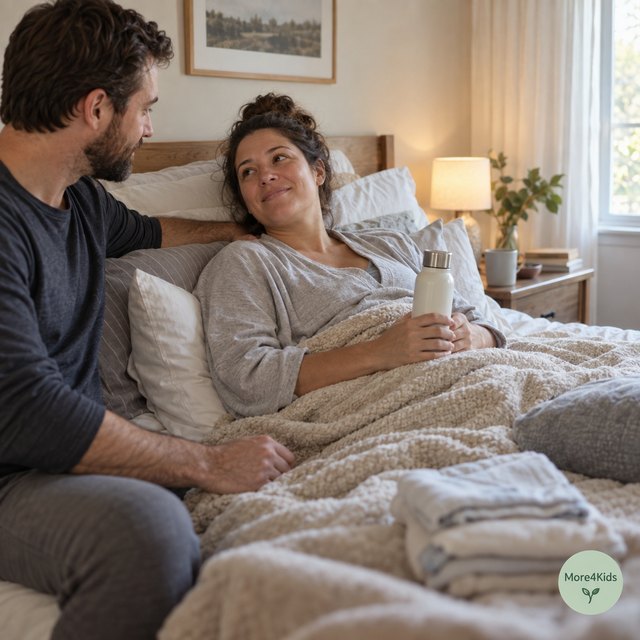 Understanding the Use of Forceps or Vacuum Extraction 17 New mother resting at home with a postpartum recovery kit nearby