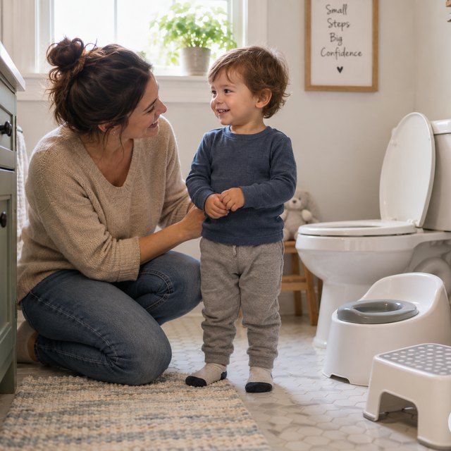 How to Potty Train a Toddler: A Gentle, Calm Guide That Actually Helps 16 A toddler-sized potty training seat and step stool set up in a home bathroom
