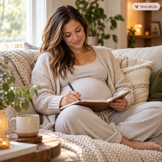 Maintaining a Positive Self Image During Pregnancy 17 Pregnant woman writing quietly in a journal at home