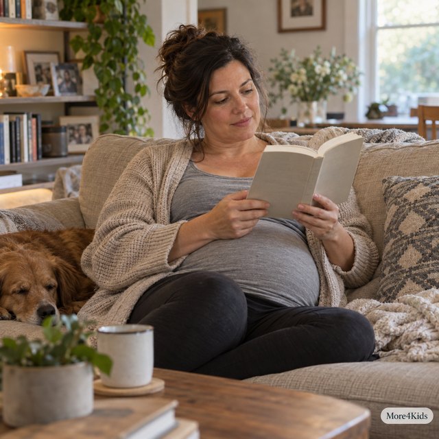 Pregnancy After 35 - Risks and Benefits 17 A mother in her late 30s sitting on a couch reading a pregnancy guide book, warm editorial lighting, candid parenting scene