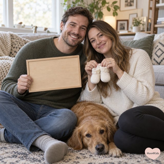 Gender Reveal Outfit Ideas: What to Wear So the Photos (and the Powder) Actually Work 18 A couple at home holding a small wooden coming soon sign and baby announcement props