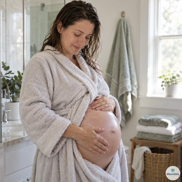 Changes In The Sixth Month Of Pregnancy 16 Pregnant woman applying moisturizing lotion to her belly after a shower