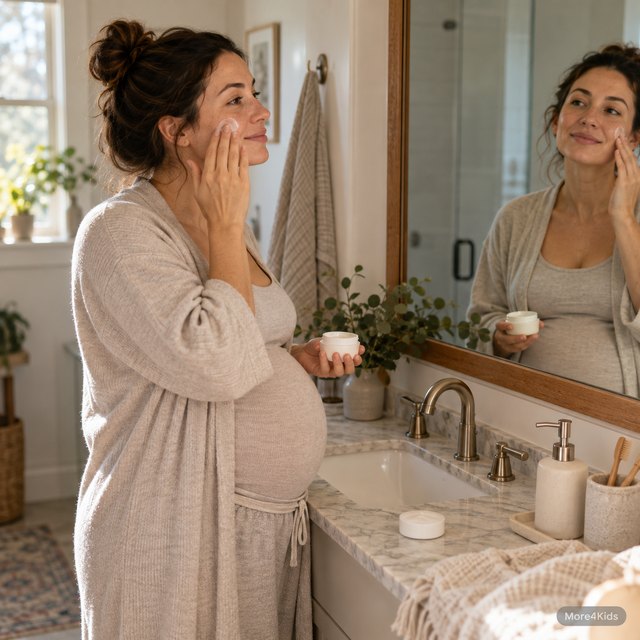Reflective Trick or Treat Safety Gear: Being Seen After Dark 20 A pregnant woman applying moisturizer to her face in a bright bathroom mirror, candid morning routine