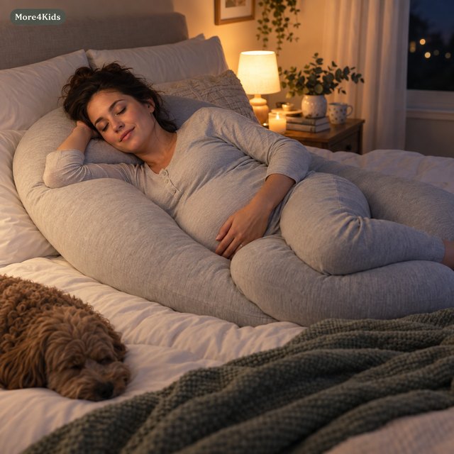 Surviving Sleep Disturbances During Pregnancy 17 Pregnant woman resting comfortably in bed with a body support pillow