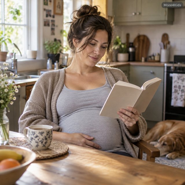 Pregnancy Tests - What to Expect 16 A pregnant woman reading a pregnancy guide book at a kitchen table with a cup of tea, warm candid editorial scene
