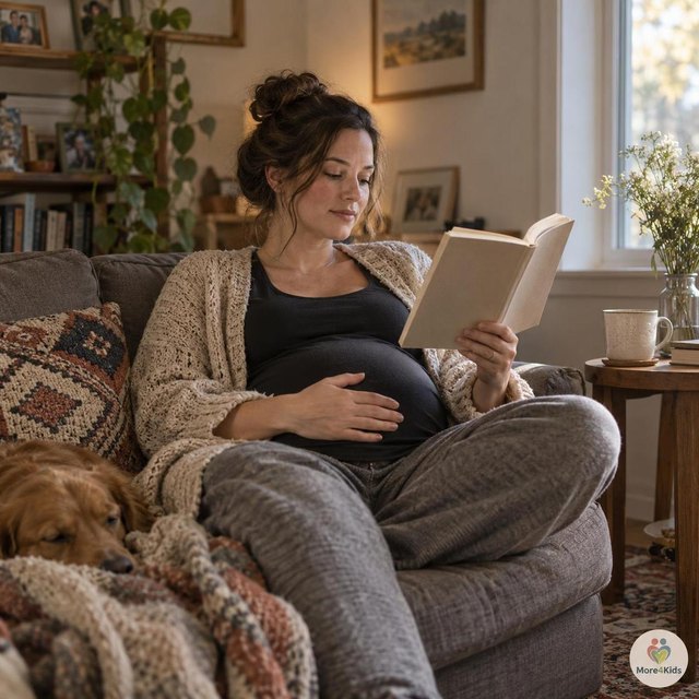 Changes In The Third Month Of Pregnancy 16 Pregnant woman reading a pregnancy guide book on the couch