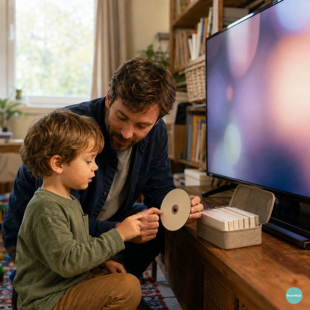 The Best Educational Shows for Preschoolers Right Now 16 A parent and preschooler choosing an unbranded educational disc together beside a television