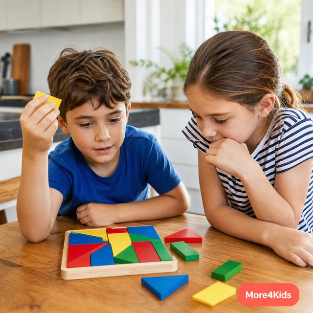 How to Teach Kids Problem Solving Skills: 7 Everyday Practice Ideas 16 Children playing a colorful logic puzzle game at a kitchen table