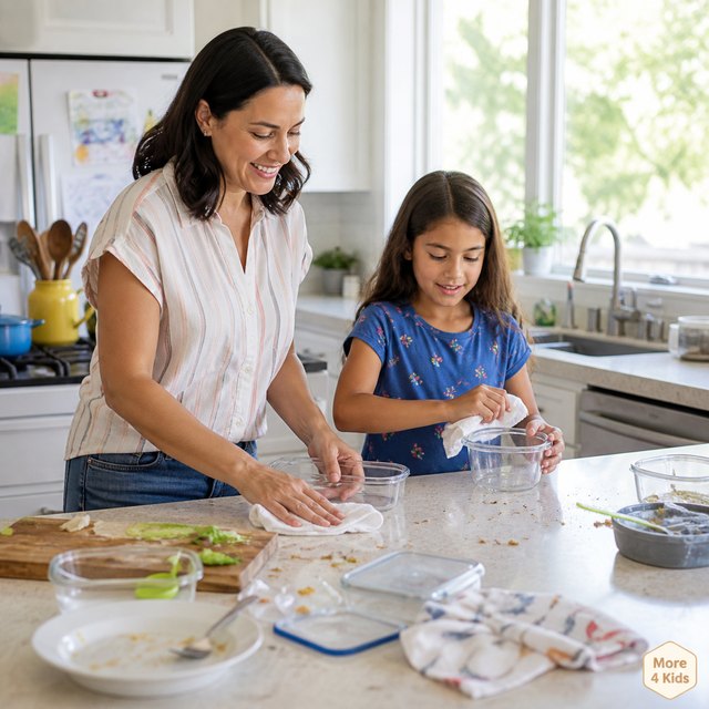 Green Parenting: Make It A Family Affair 16 Parent and child using unbranded reusable containers and washable kitchen cloths during family cleanup