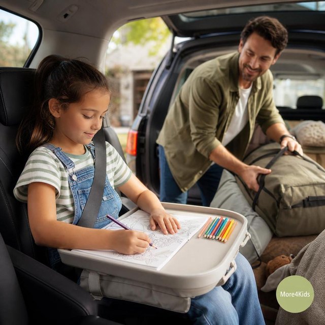 Tips When Traveling With Kids 16 Child using an unbranded activity book in the back seat while a parent prepares for a family road trip